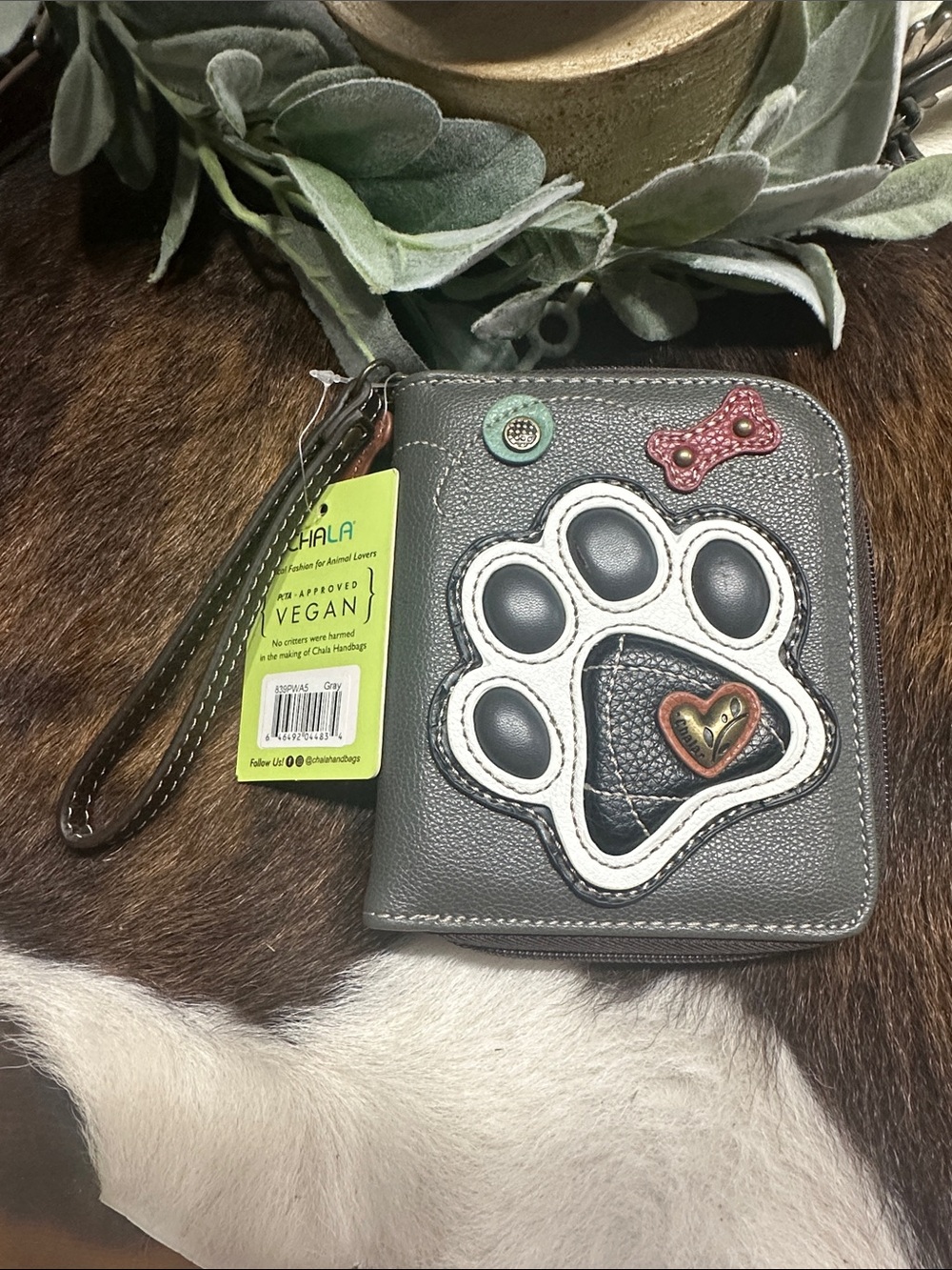NWT Chala Gray Vegan Leather Paw Print Wristlet with Heart Accent